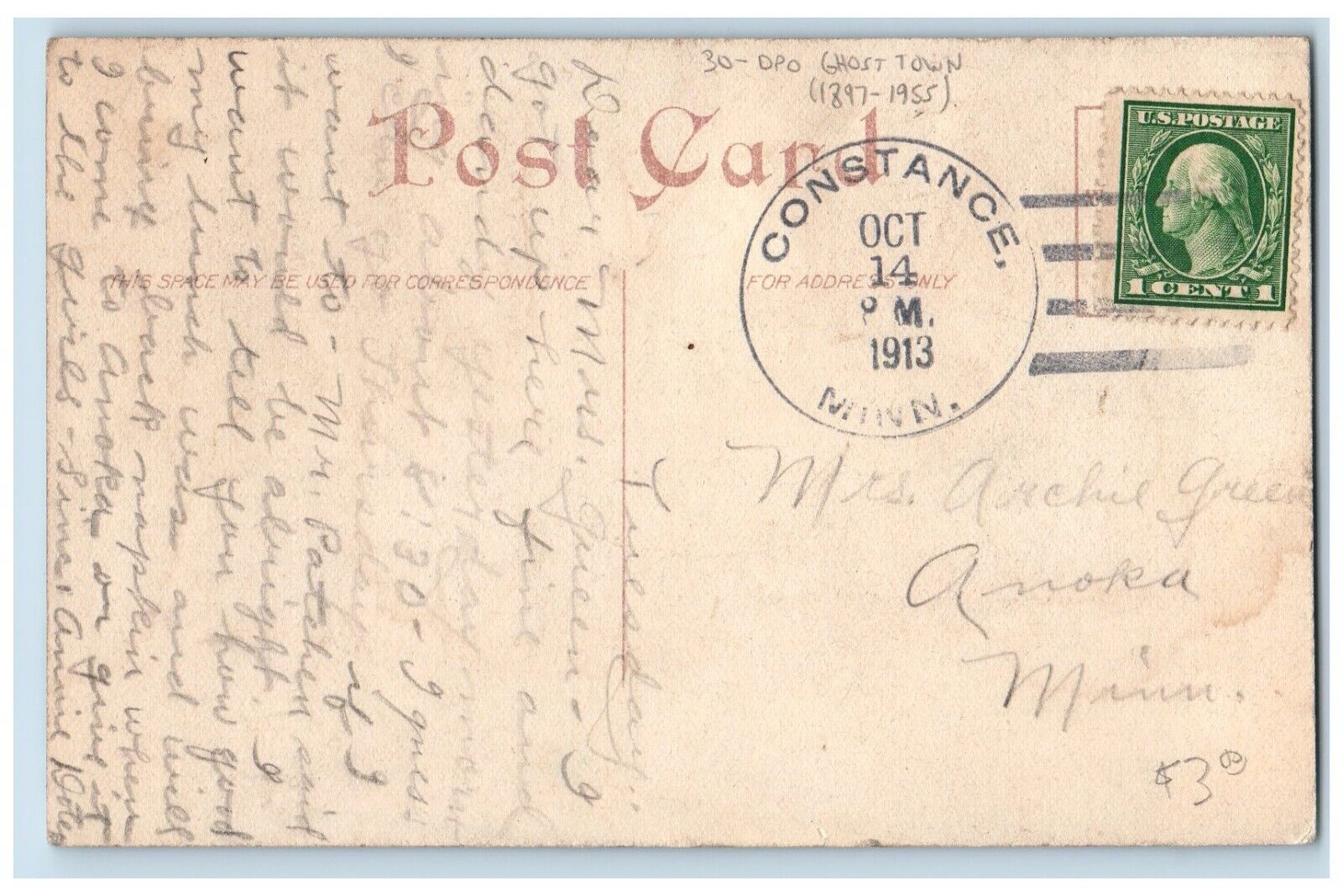 DPO Ghost Town (1897 - 1955) Minneapolis MN Postcard West High School 1913