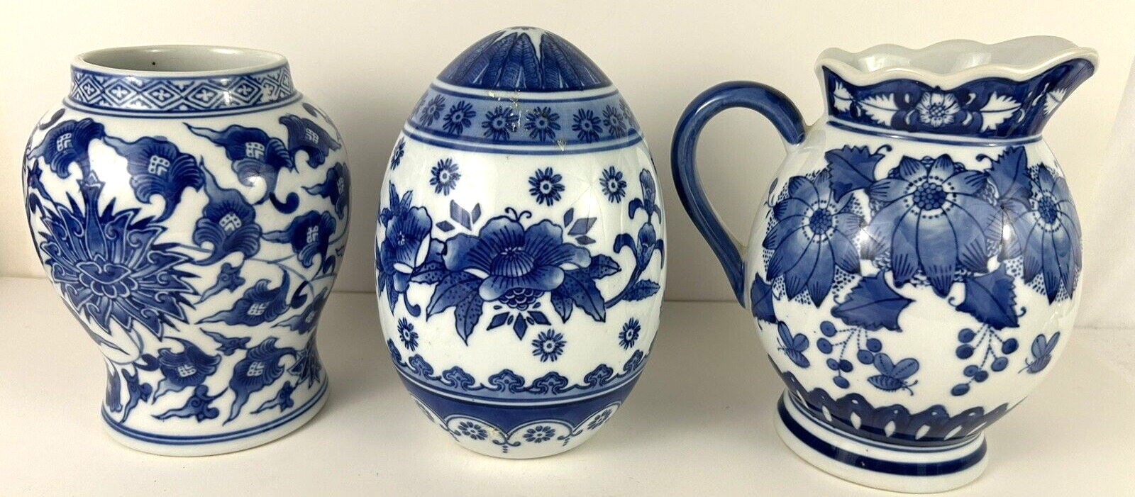 ❤️3 PC Lot Vintage Blue White China Ceramic Ginger Jar-Egg-Pitcher All 7-8\