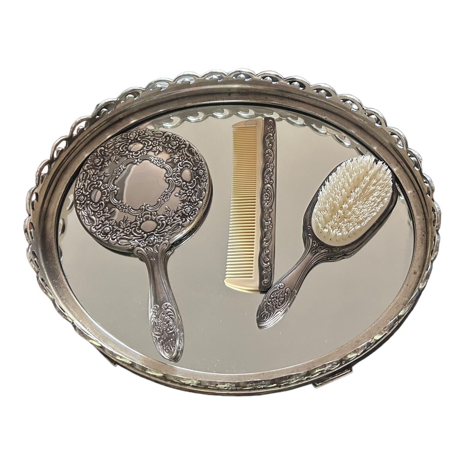 Vintage Silver Plated Vanity Set Mirror Brush Comb Tray Bathroom Decor
