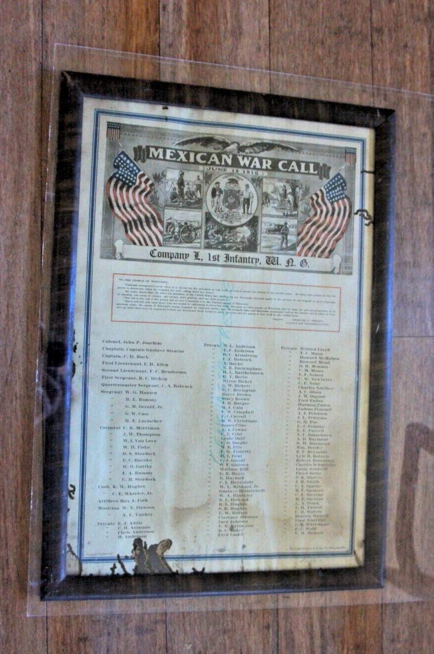 Antique 1916 MEXICAN WAR CALL Company L, 1st Infantry W.N.G. genealogy poster