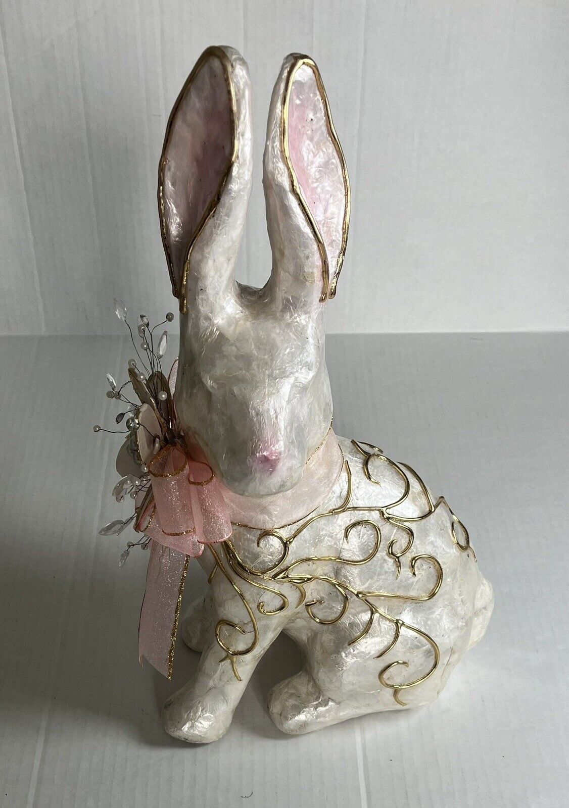 Handcrafted Capiz Shell Rabbit Jeweled Pink & Gold Tone Accented Flower Easter