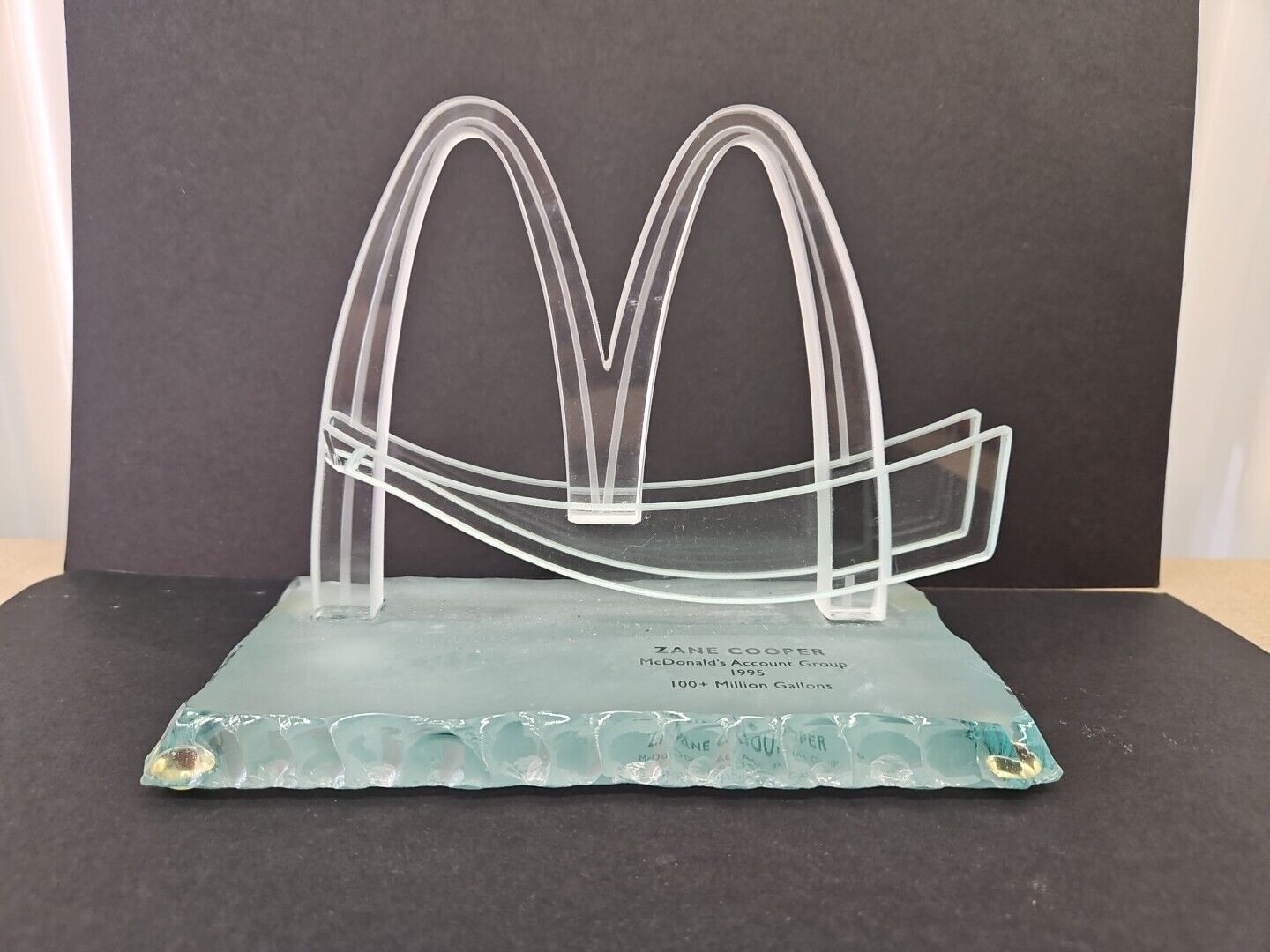 Vtg Acrylic McDonald’s Sculpture Golden Arches 100+ Million Gallons Award 1995