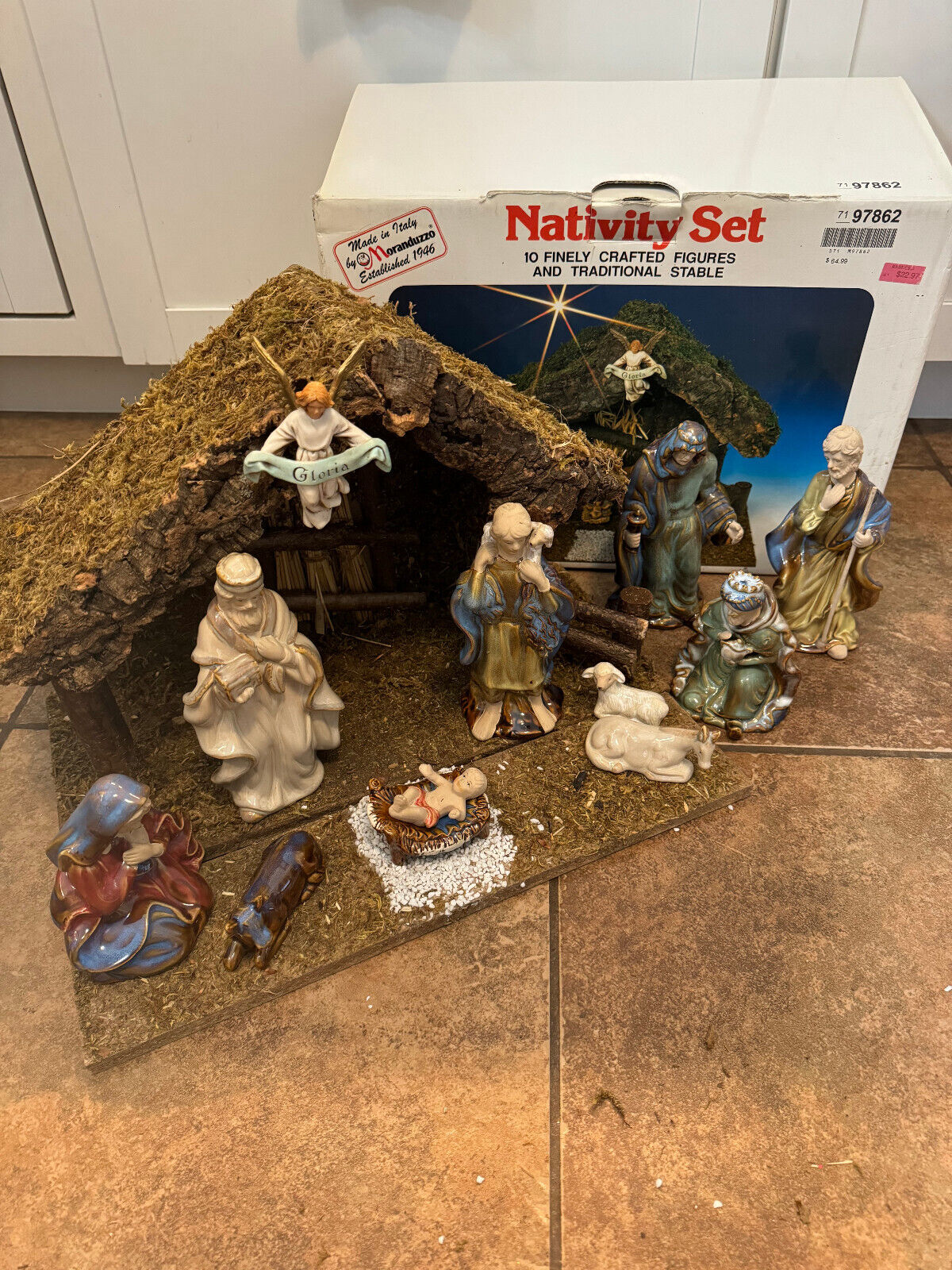 Vintage 1960’s Sears Nativity Set Wood Moss Stable 10 Figurines Made In Italy