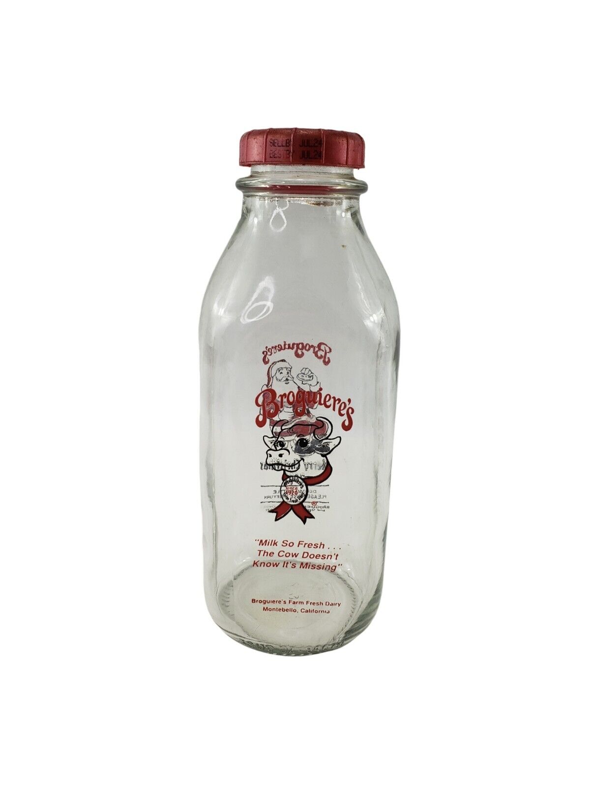 Merry Christmas 2001 Broguiere’s Dairy Glass Milk Bottle 32 Ounce Quart 