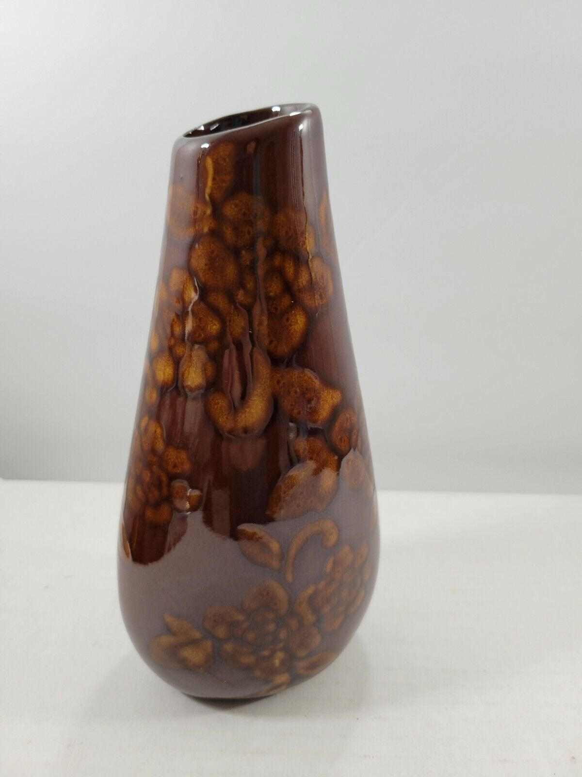 Decorative Brown Embossed Floral Bud Vase Glossy Drop Neck 7\