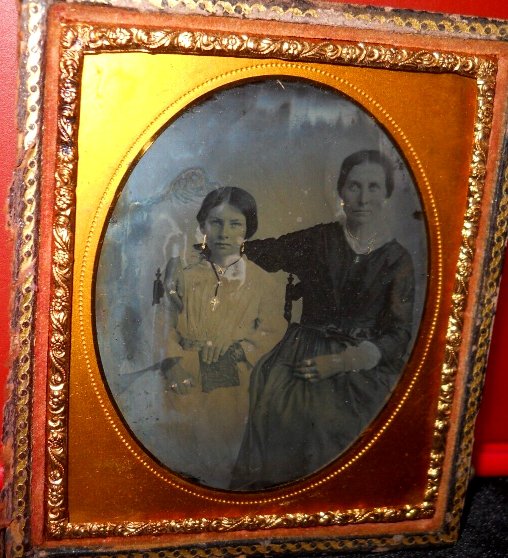 1/6th Size tinted Ambrotype of mom and daughter in half case
