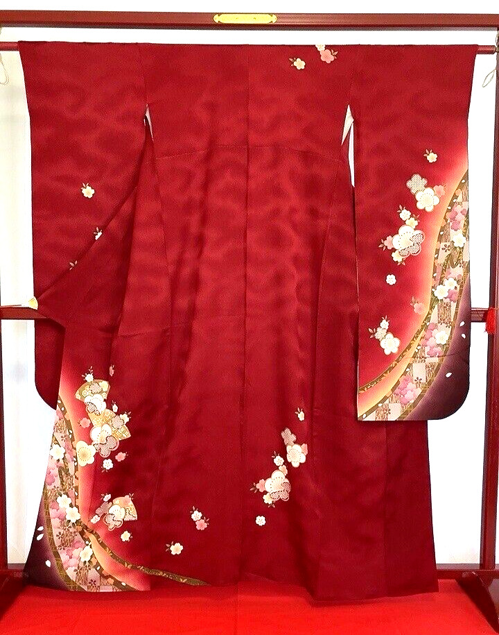Japanese Kimono “Furisode” Pure Silk/Red/Cherry blossoms/Flower/Tradition