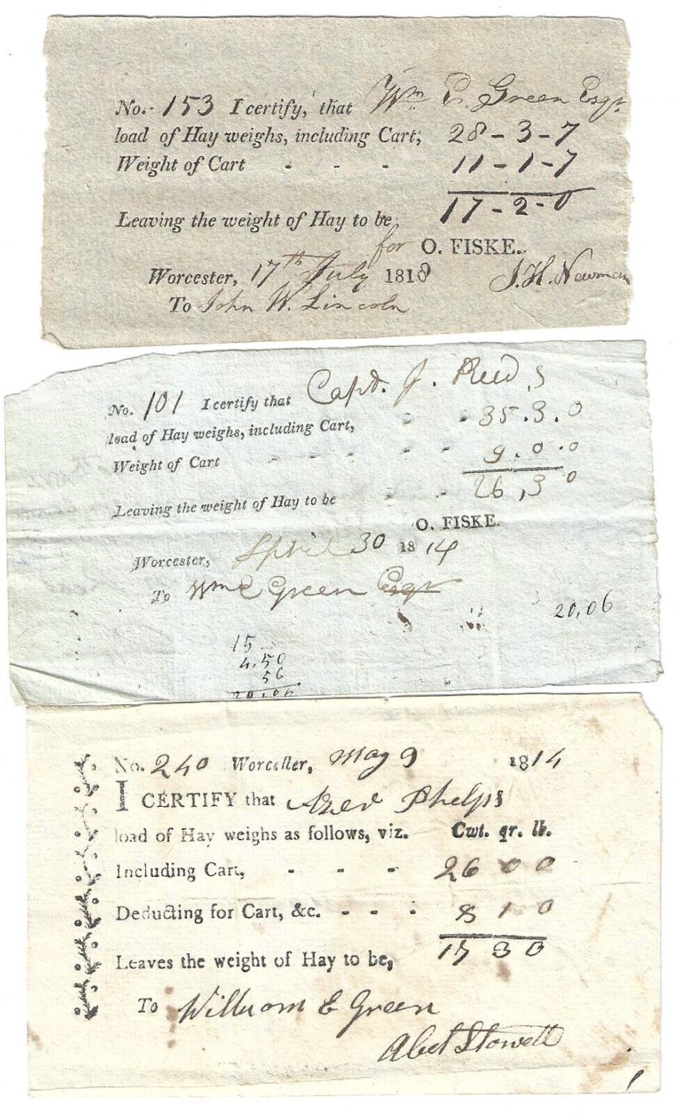 Early Worcester, MA, Hay Weight Tickets Dated 1814 To 1818