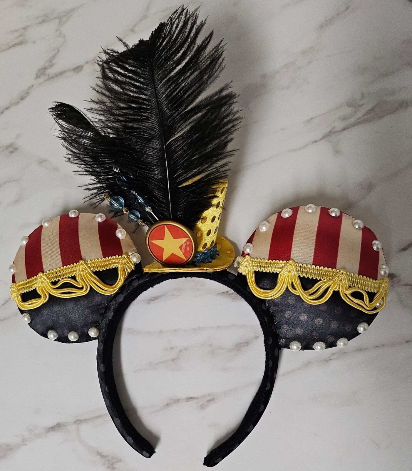 VINTAGE DISNEY MICKEY MOUSE EARS HEADBAND BAND DIRECTOR FEATHERS PEARLS TOP HAT