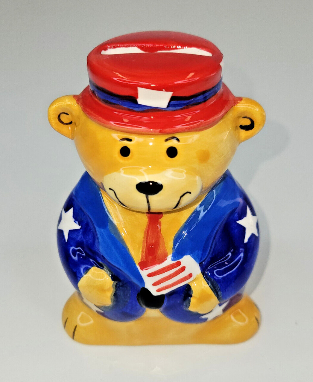 Patriotic Teddy Bear Ceramic Bank 4th of July USA Tiered Tray Americana Decor