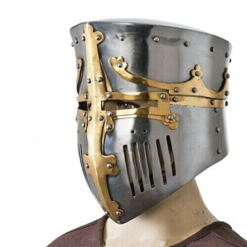 Antique Functional Medieval Helmet Bucket Barrel Steel & Brass Armor Helmet..
