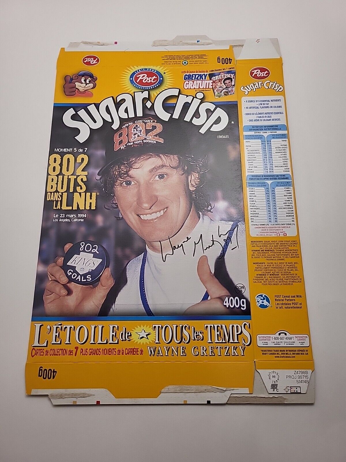 Sugar Crisp - Wayne Gretzky Collector Cereal Box - 802 NHL Goals