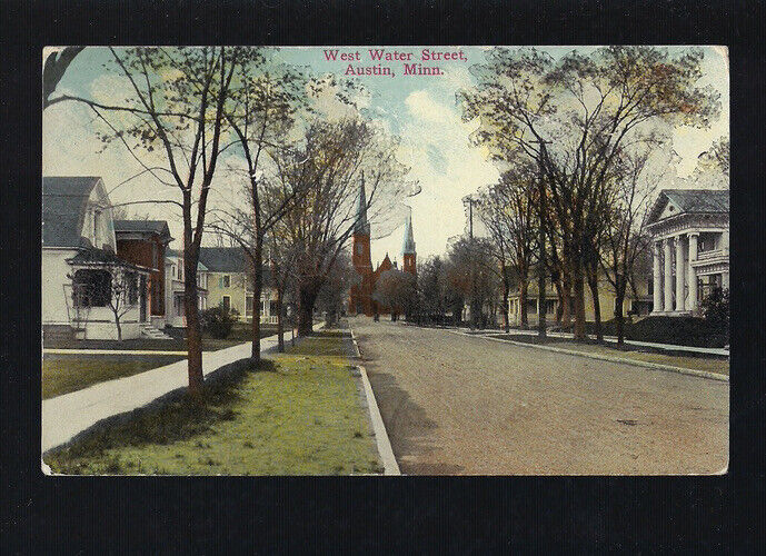 c.1915 West Water Street Austin Minnesota MN View Postcard POSTED