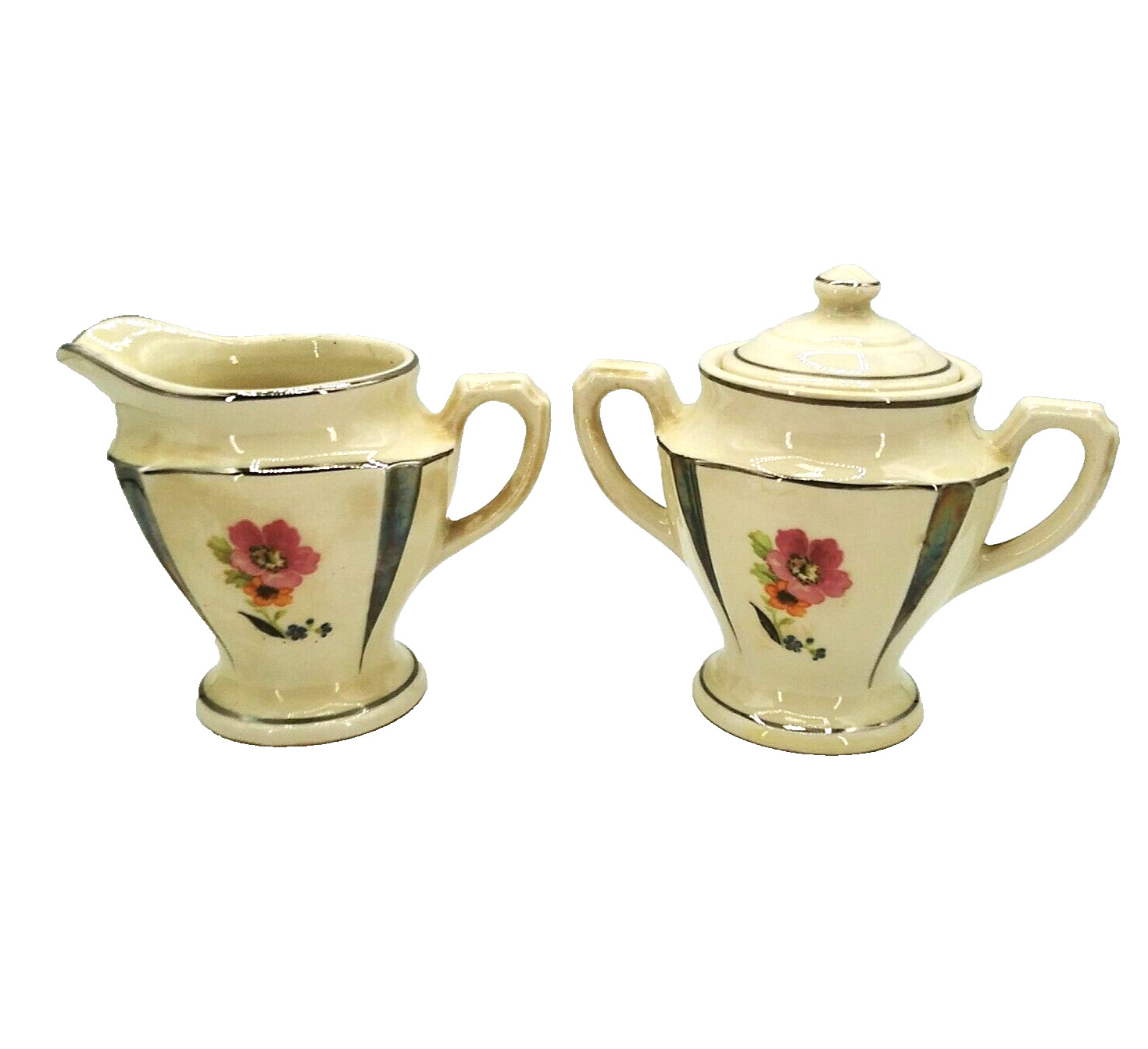 PORCELAIN Creamer Sugar Bowl & Lid FLOWERS FLORAL Platinum Edge Ceramic 1930\'s