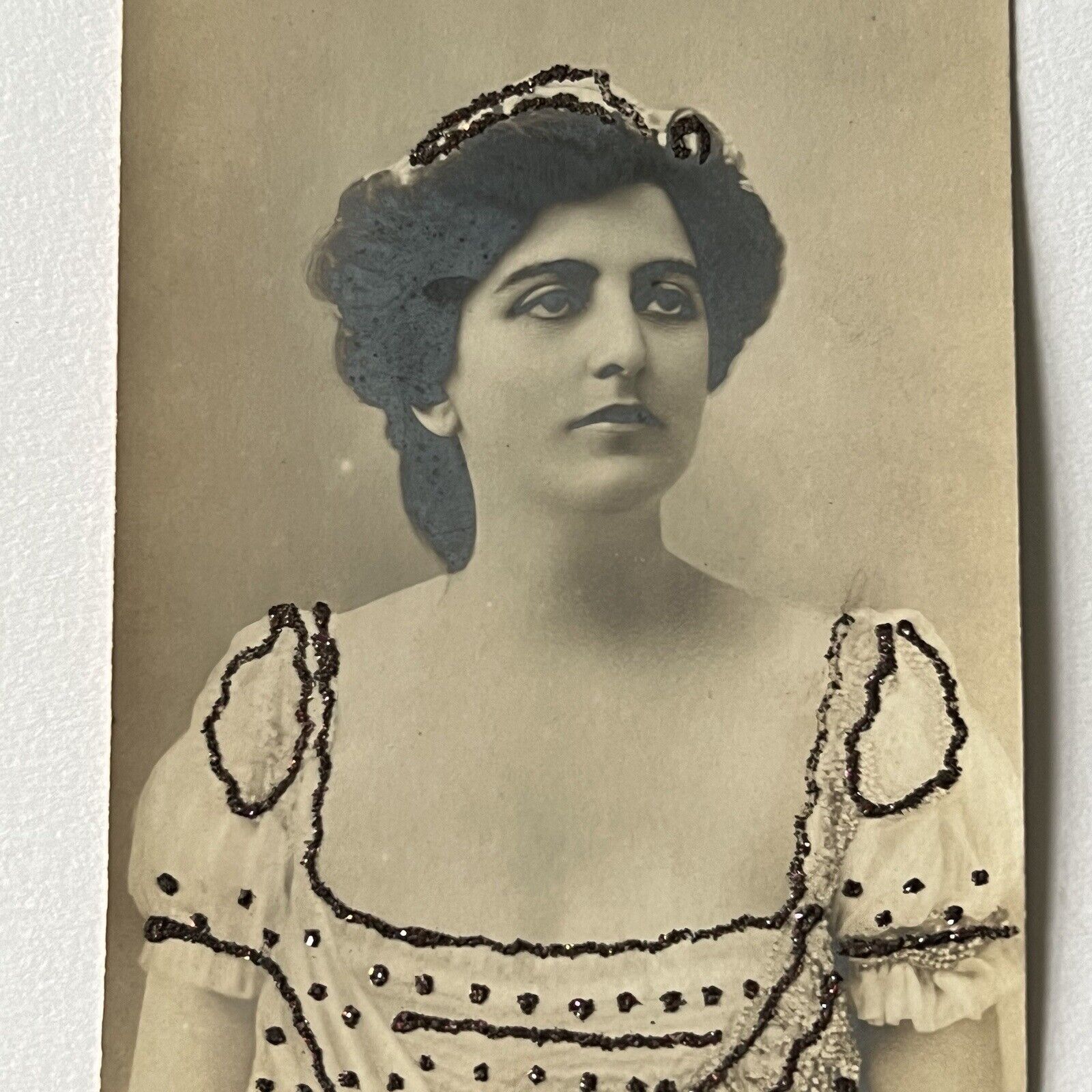 Antique Real Photograph Postcard RPPC Beautiful Actress Young Woman Glitter