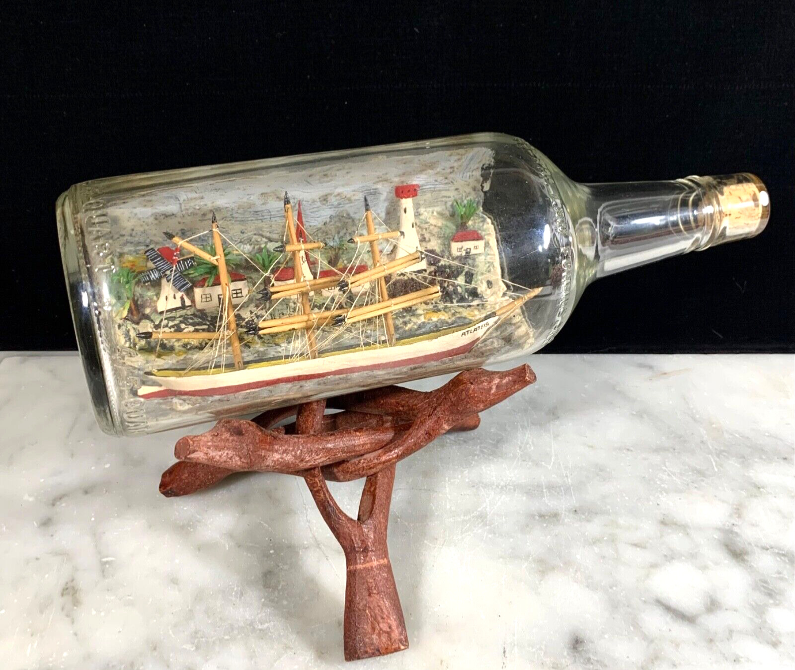Vtg Antique? Ship in Bottle; Wooden Stand; Port Diorama Folk Art 11”