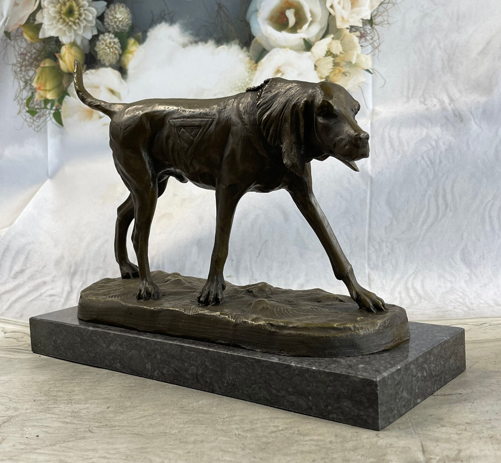 American Fox Hound Black Tan Virginia Dog Bookend Bronze Marble Base Art Lostwax