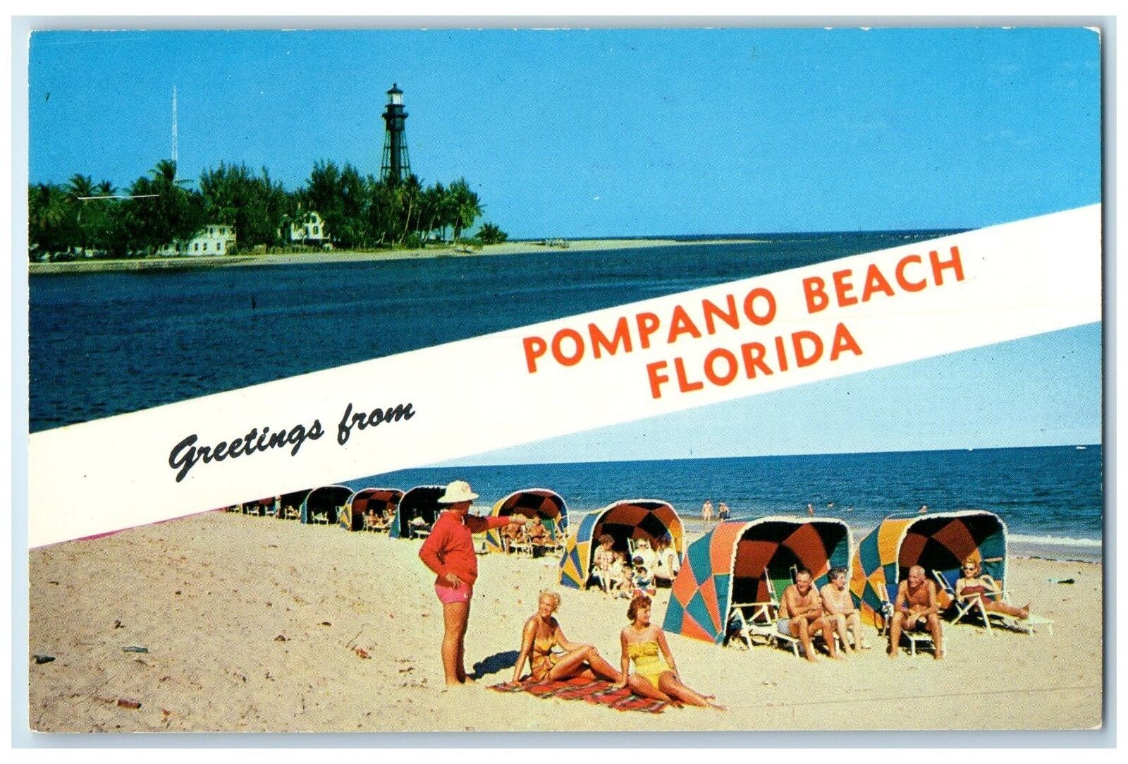1958 Greetings From Pompano Beach Multiview Sun Bathing Tourist Florida Postcard