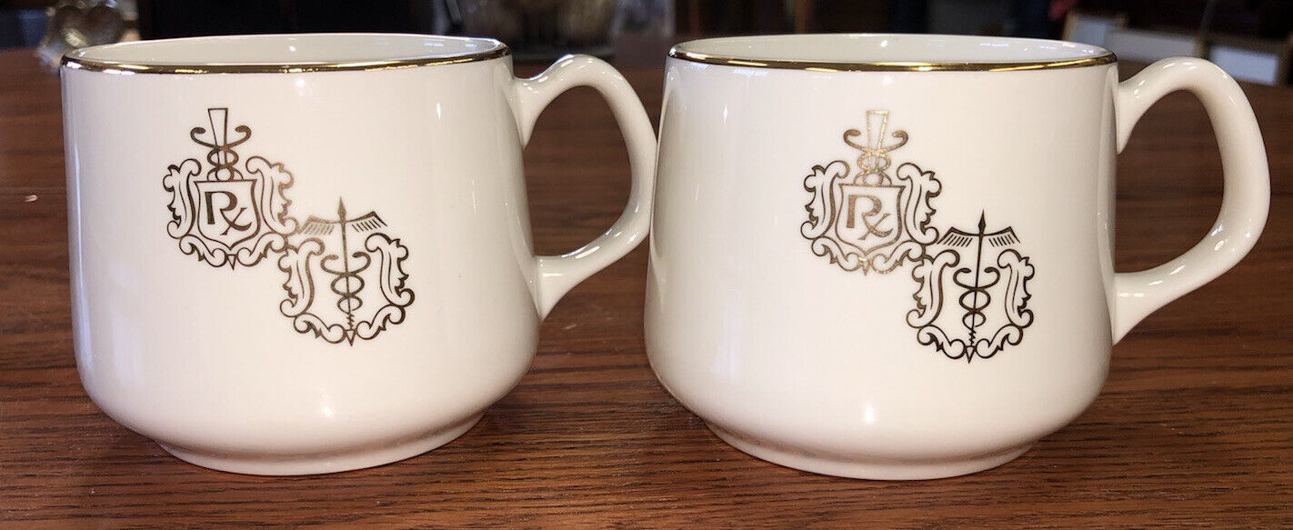 2-Vintage Hall Pottery Tea Cup, Rx Pharmacy & Medicine Symbols
