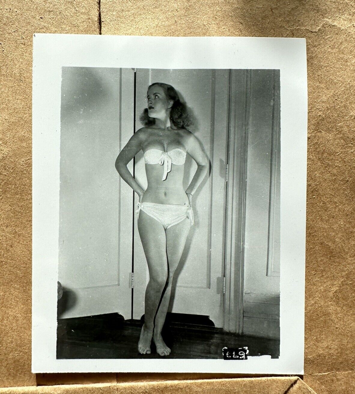 Vintage 1960s reprint bikini risqué lady woman black and white photography