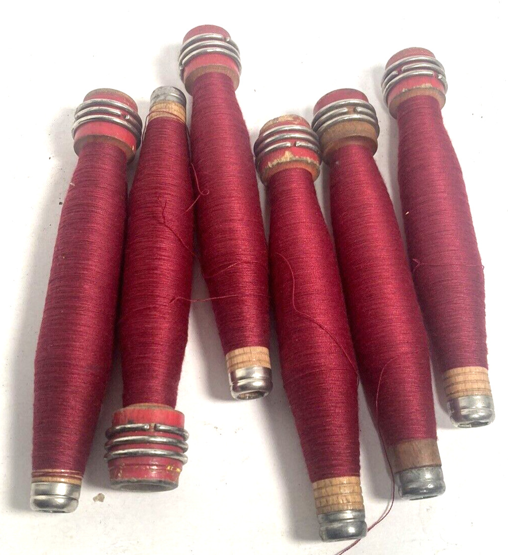 Wrapped Wood Quills, Bobbins, Spools, Wooden Threaded, Textile, lot of 6: