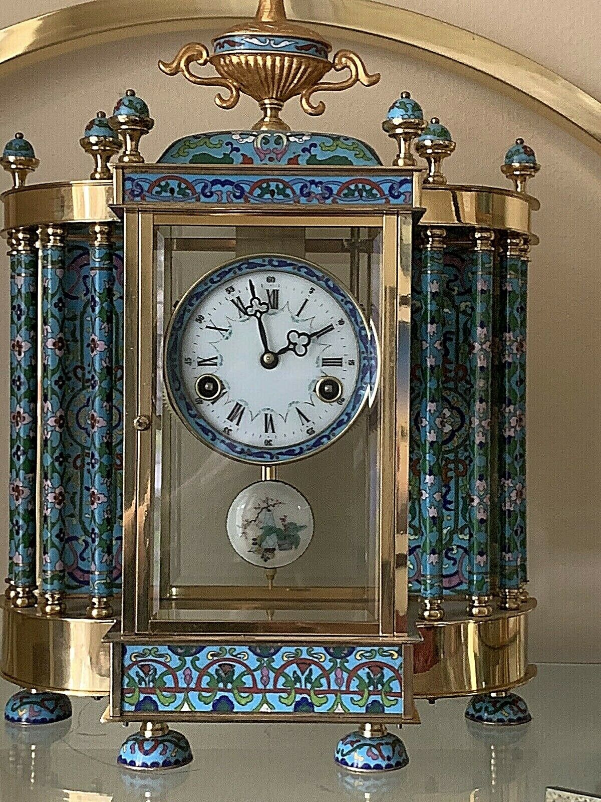 Large Chinese Cloisonne Clock. Key Wound, Hour Chime. Roman Numerals.  18\