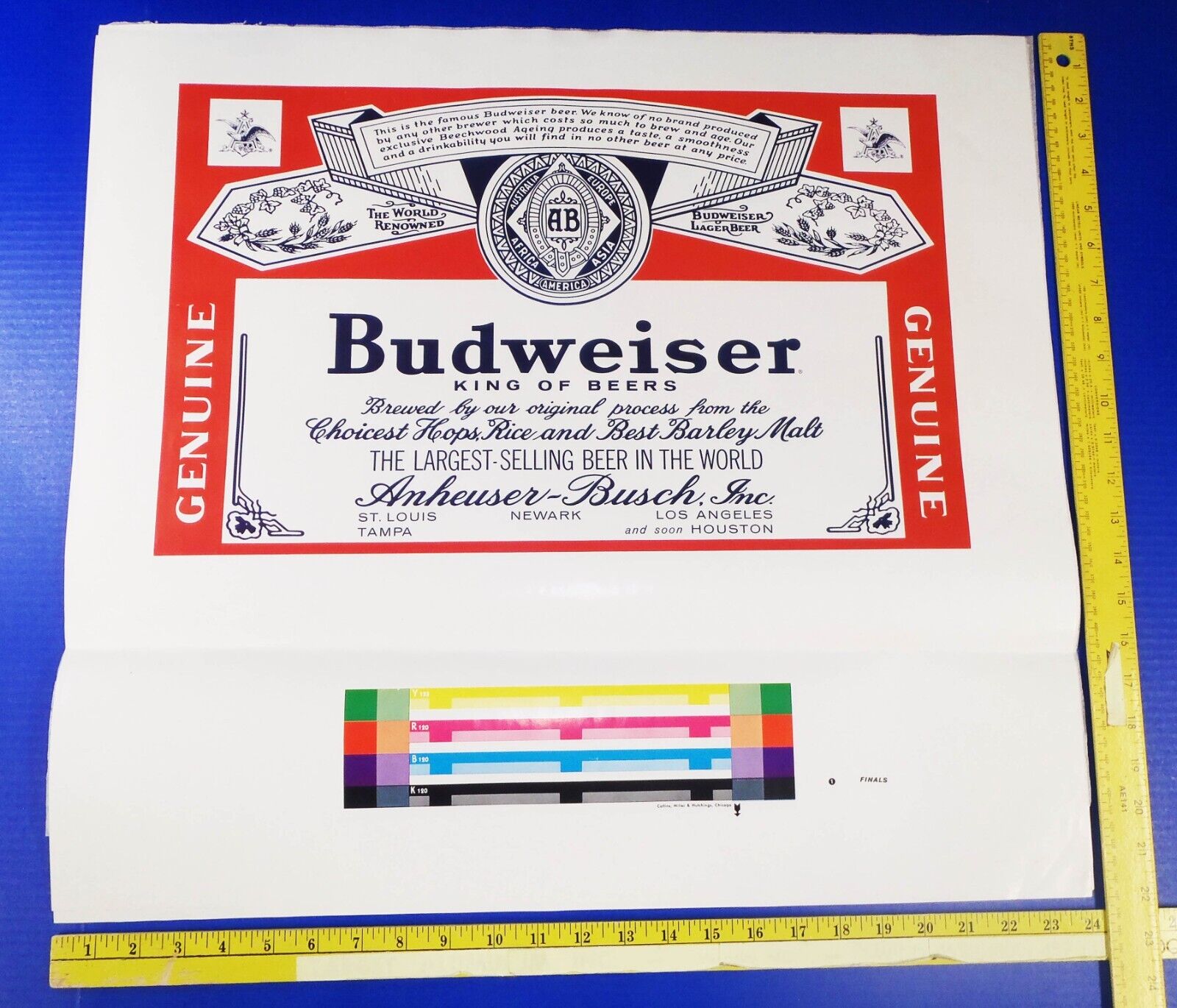 1965 GENUINE BUDWEISER 24x22 UNCUT PRESS PROOF Poster of Beer Can Label USA NOS