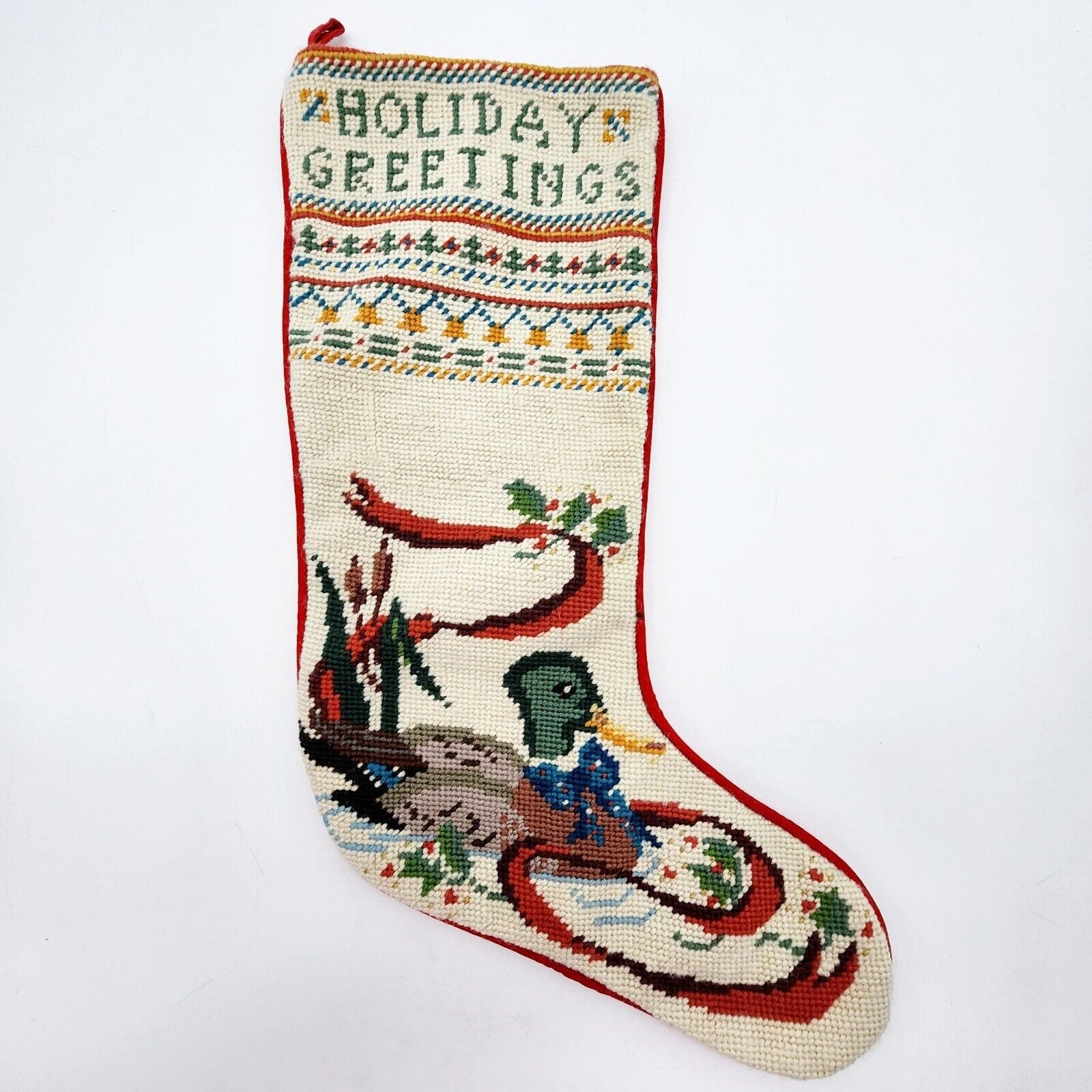 Vintage Handmade Needlepoint Christmas Stocking HOLIDAY GREETINGS Duck Wool