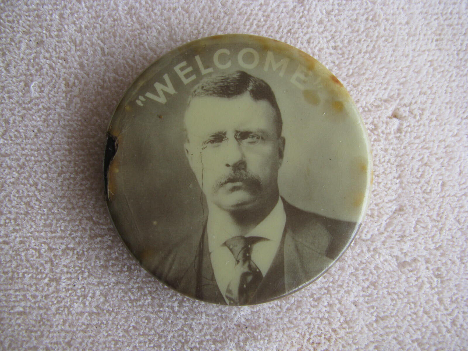 1910 THEODORE 'TEDDY' ROOSEVELT 'WELCOME' Photo Pinback Button AFRICA RETURN