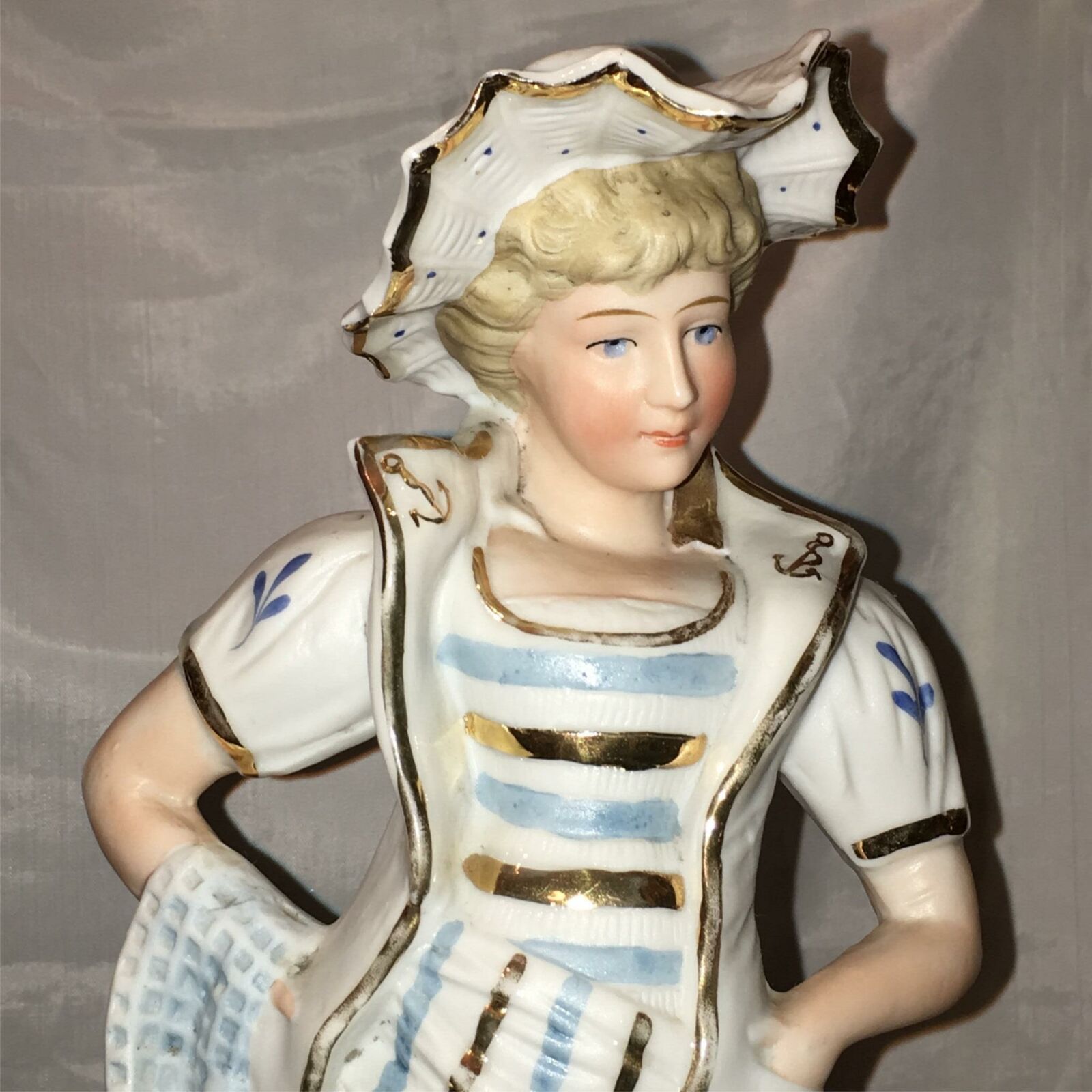 Antique Victorian Lady Chelsea Anchors Bisque Porcelain Figure Mantle Statue Vtg