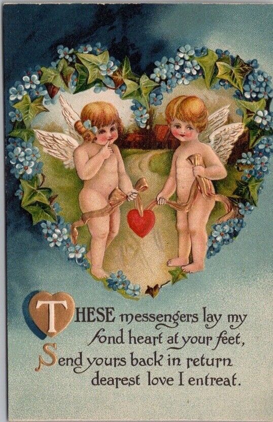 Vintage VALENTINE'S DAY Embossed Postcard Boy & Girl Angels Cupids / Dated 1914