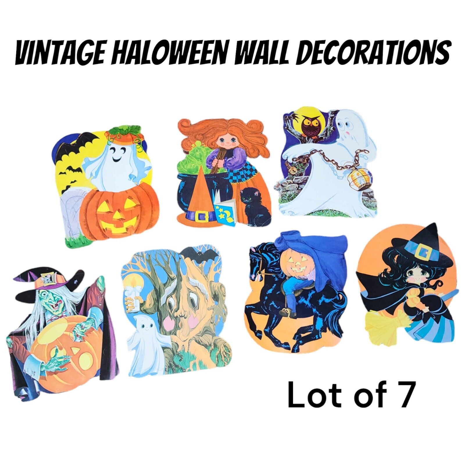 HALLOWEEN VINTAGE 6pc Small Wall Decorations Ghost Witch Jack O Lantern Moon Bat
