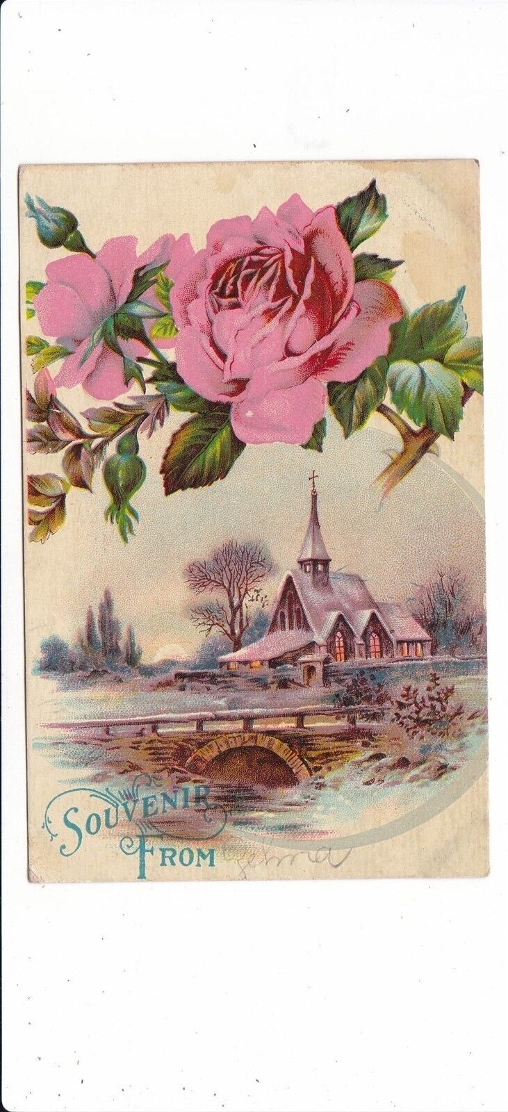 big pink rose church bridge Souvenir From antique postcard