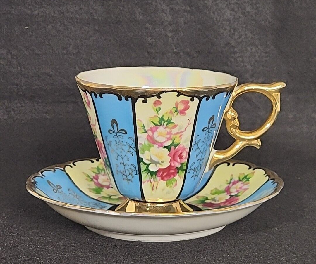 Vintage Royal Sealy China Footed Tea Cup & Saucer Blue & Pink Rose Gold Trim