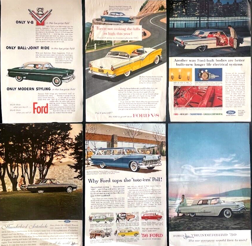 FORD Vintage Advertising LOT OF 6 1950's Original Paper Full Page Ads Automobile