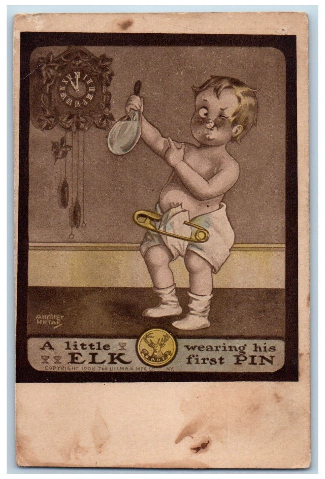 Artist Signed Postcard BPOE Masonic A Little Elk Wearing His First Pin c1910's