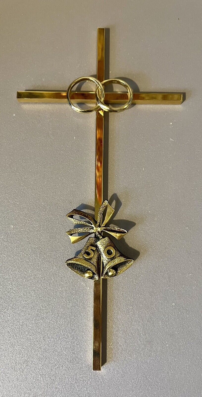 Golden 50th Anniversary Wall Hanging Cross With Wedding Rings