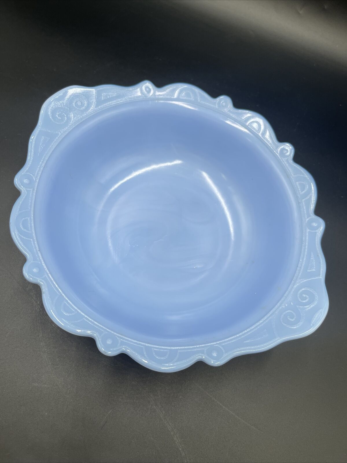 Vintage McKee Blue Delphite Milk Glass Serving Bowl Scalloped Edges Patterned