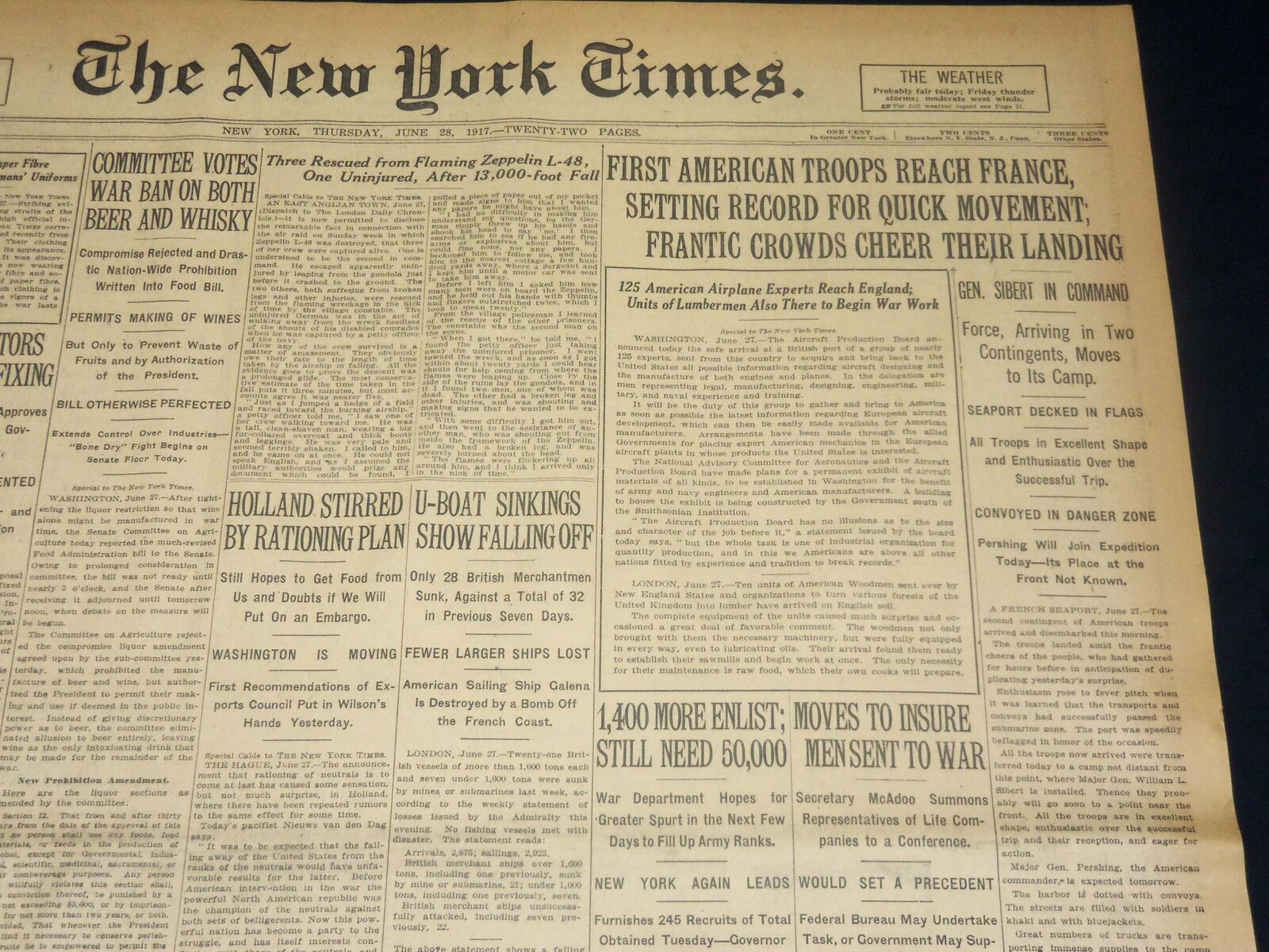 1917 JUNE 28 NEW YORK TIMES - FIRST AMERICAN TROOPS REACH FRANCE - NT 7801