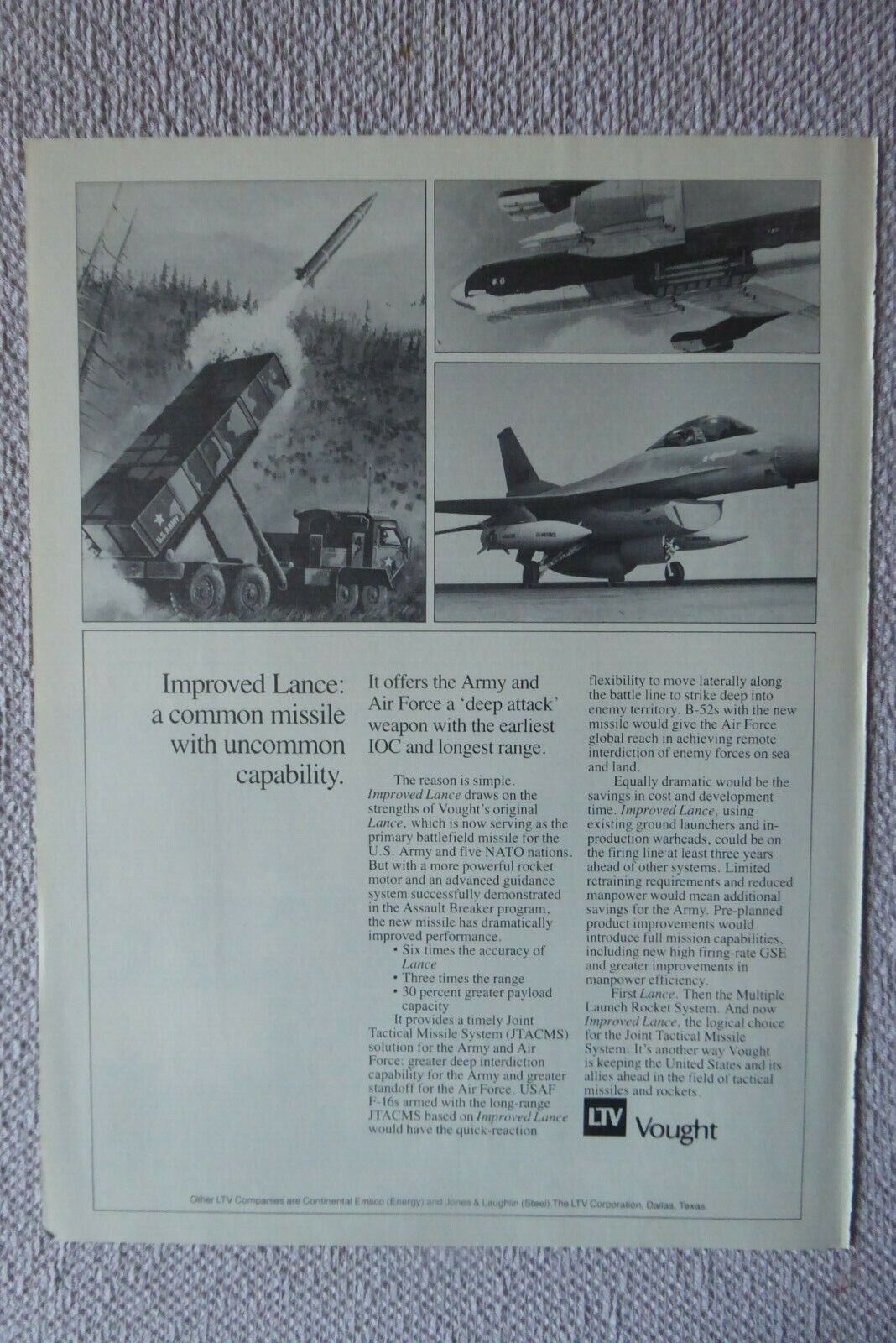 9/1983 PUB LTV VOUGHT IMPROVED LANCE US ARMY MISSILE B-52 MLRS F-16 ORIGINAL AD