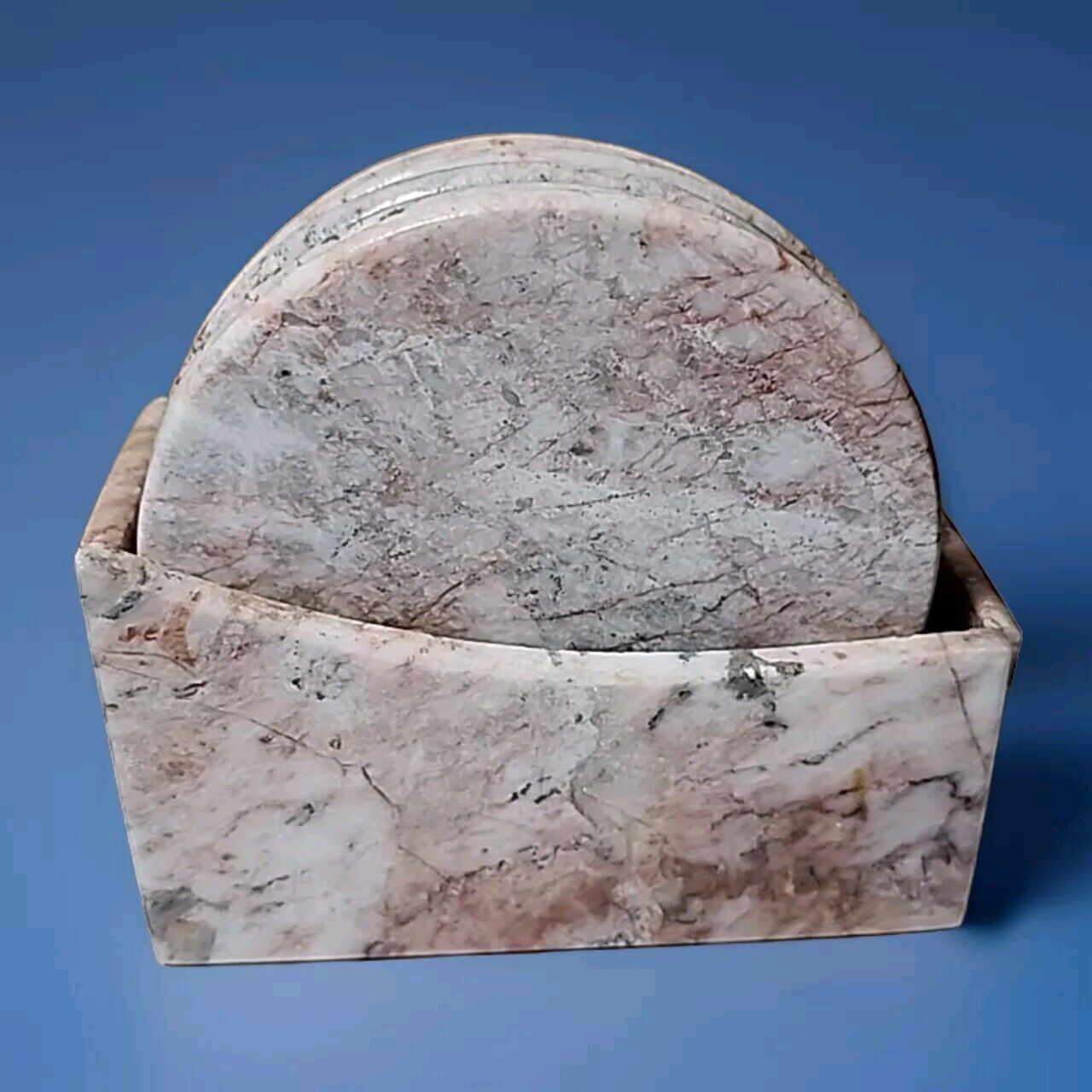 7x VINTAGE ITALIAN MARBLE COASTERS IN A MATCHING STAND
