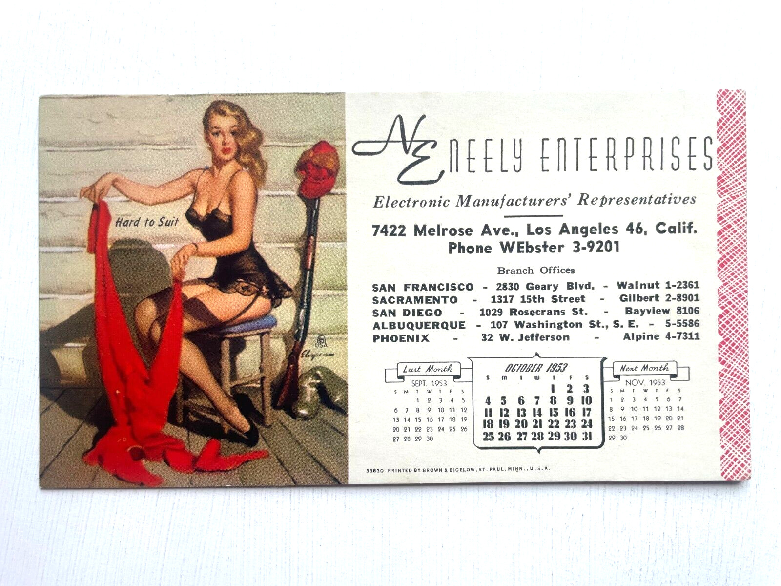 October 1953 Pinup Girl Blotter by Elvgren -Hard to Suit for Neely Enterprises