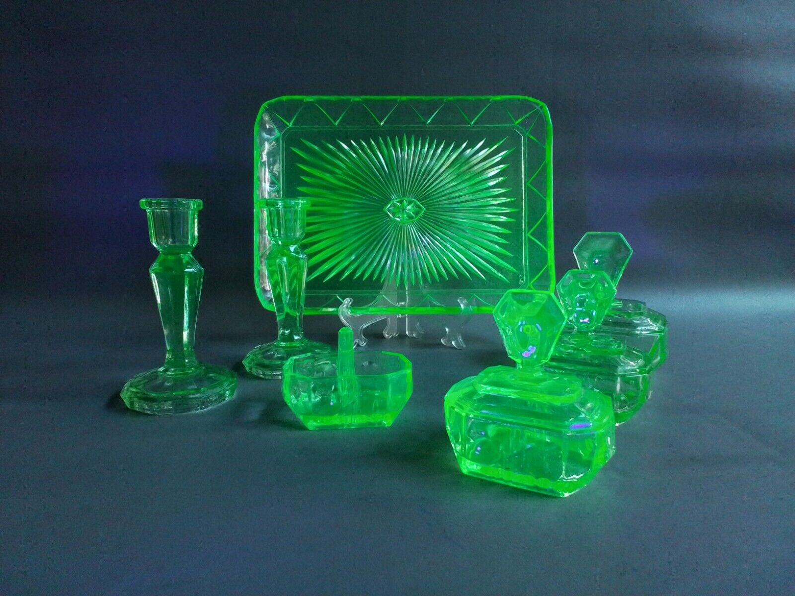 Art Deco Uranium Glass Dressing Table Set (Brockwitz)