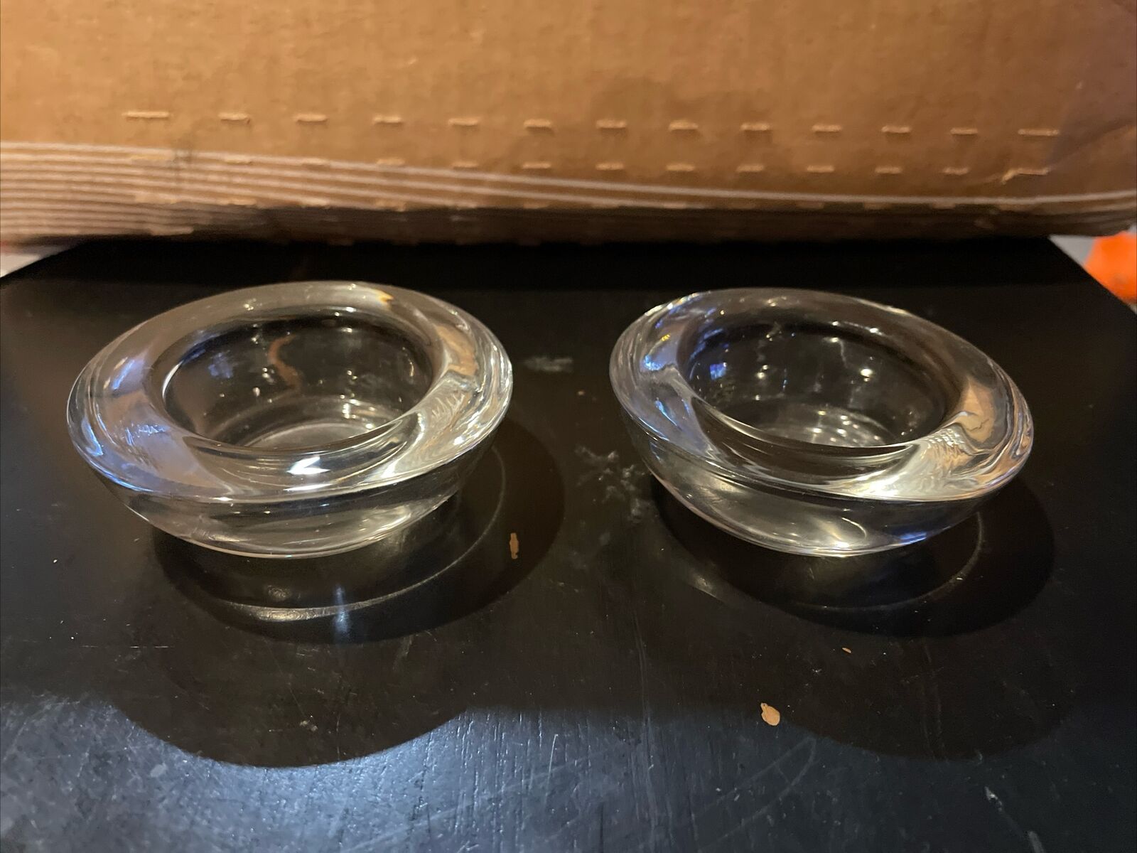 2 Clear Heavy Glass Tea Light Candle Holders Round.  1 Inch High, 3 Inches Wide
