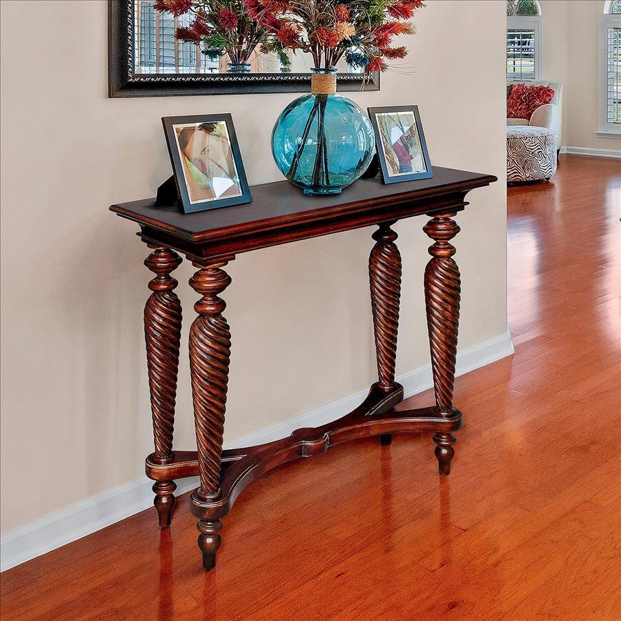Solid Hand Carved Mahogany X Frame Turned Spiral Legs Console Sofa Table