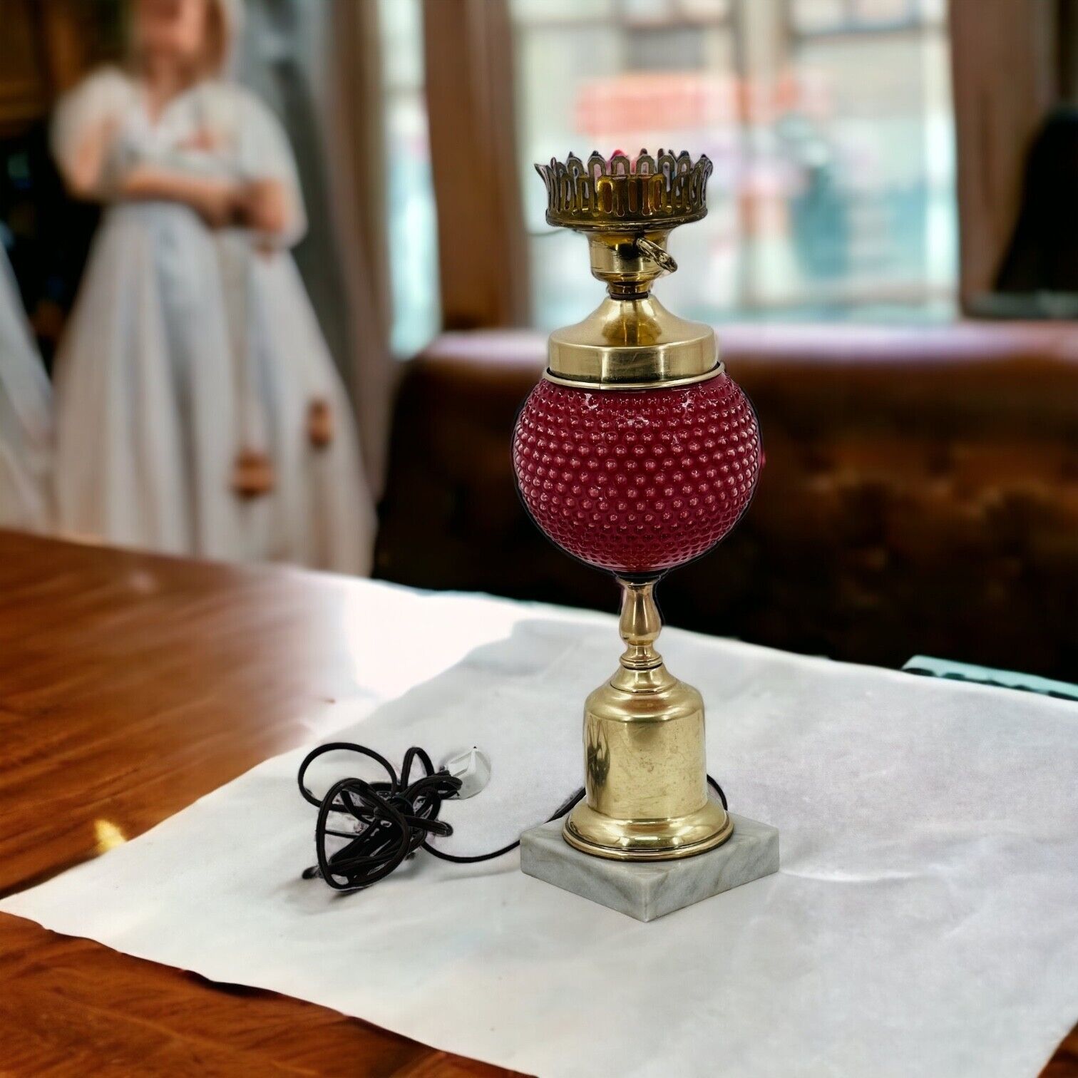 Vintage Cranberry Red Globe Glass Hobnail Key Lamp Brass Victorian Fenton? Works