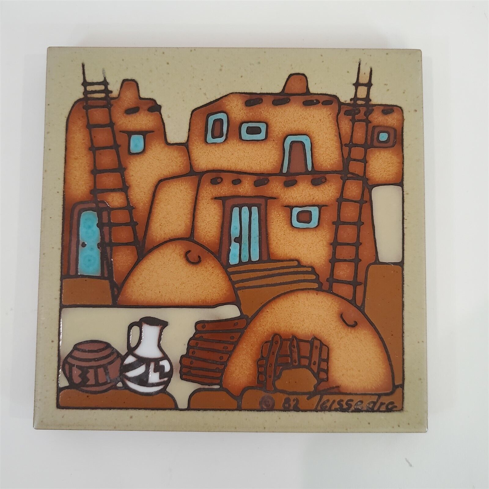 Vintage 1982 Teissedre Adobe Dwellings Ceramic Tile Trivet Coaster or Wall Decor