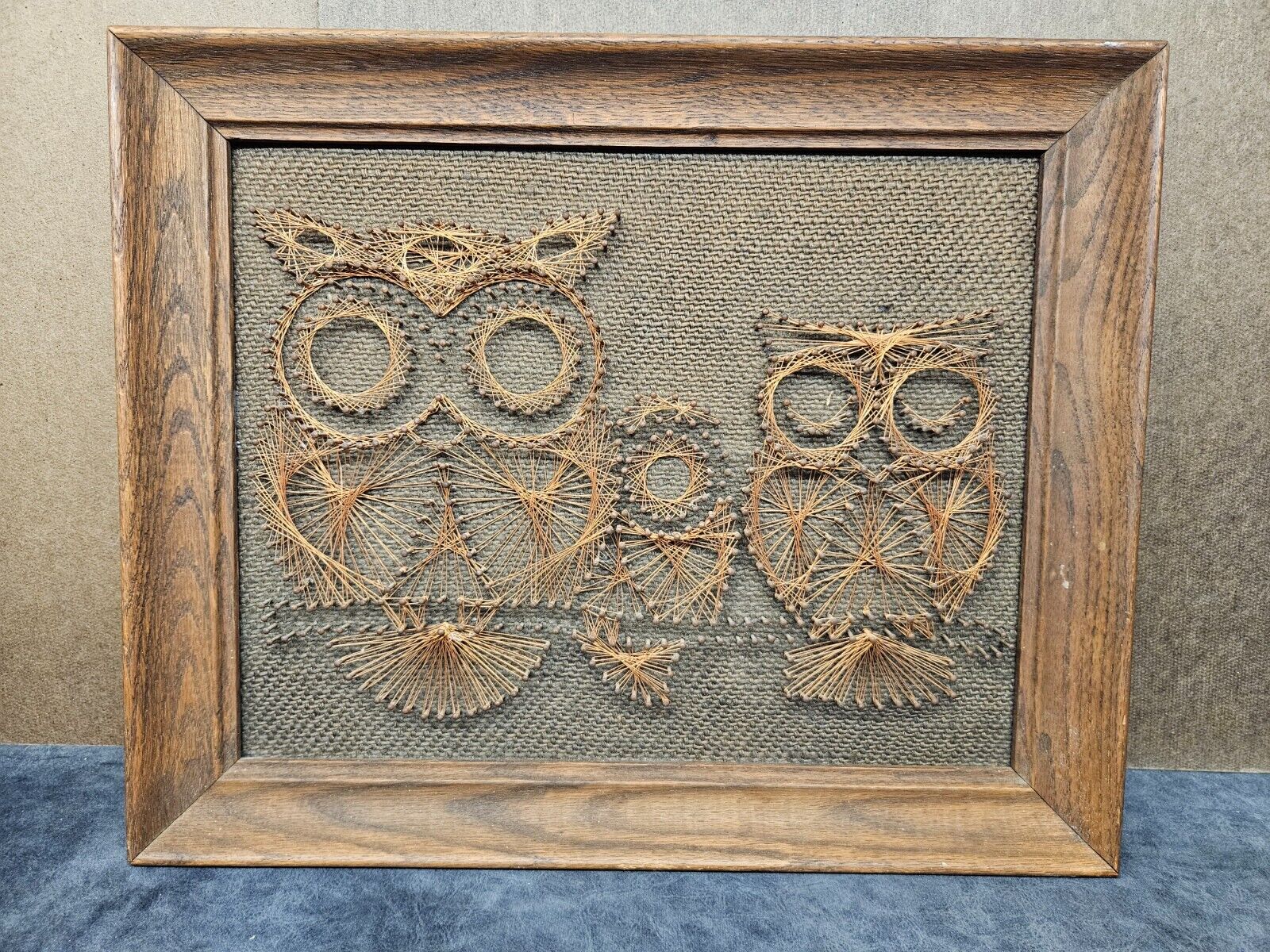 Vintage Framed MCM Copper Wire Craft String Art Wall Decor Owls Grannycore Retro