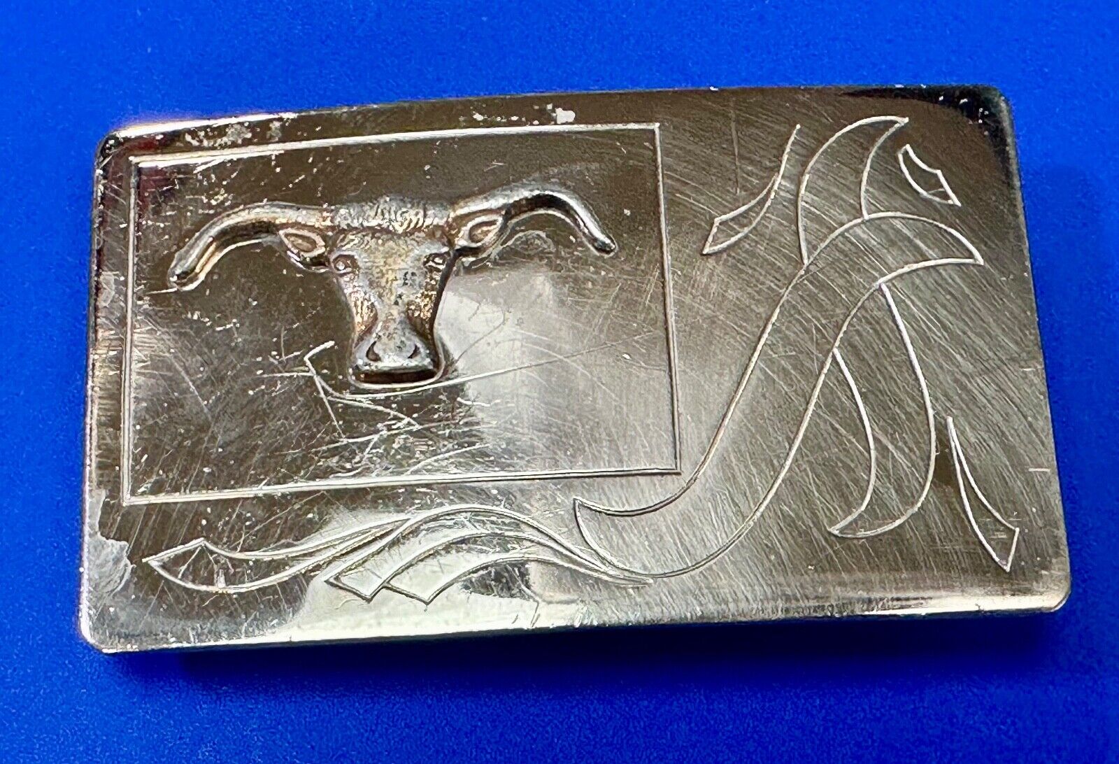 Raised Texas Longhorn Beautiful nickel silver engraved ribbon belt buckle