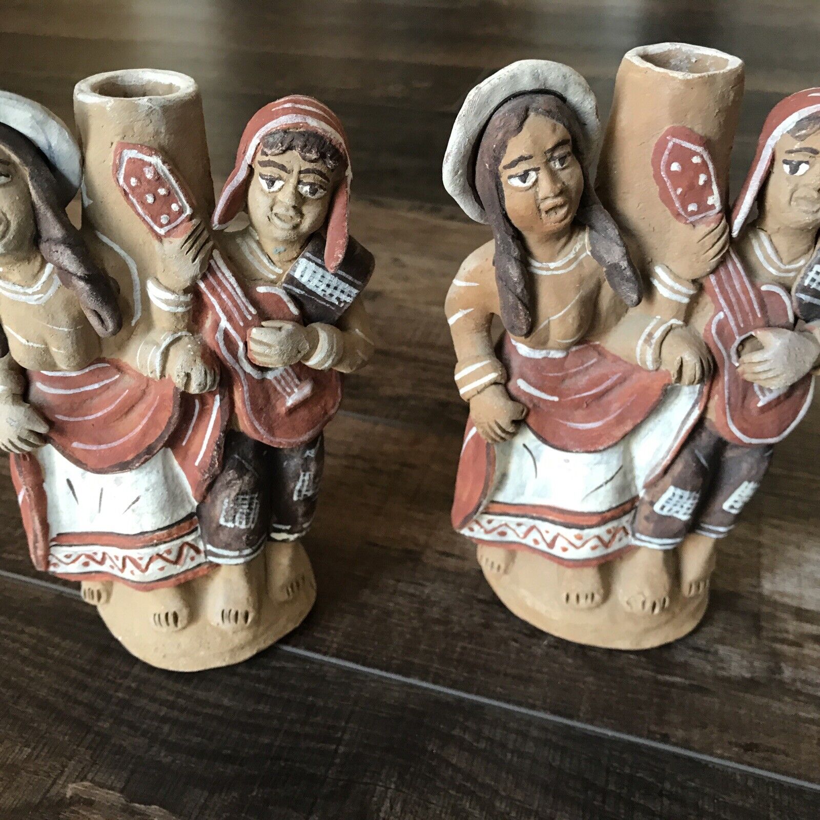 Vintage Peruvian Pottery Figures Set Of 2 Vases Musicians Figural Folk Art Rare
